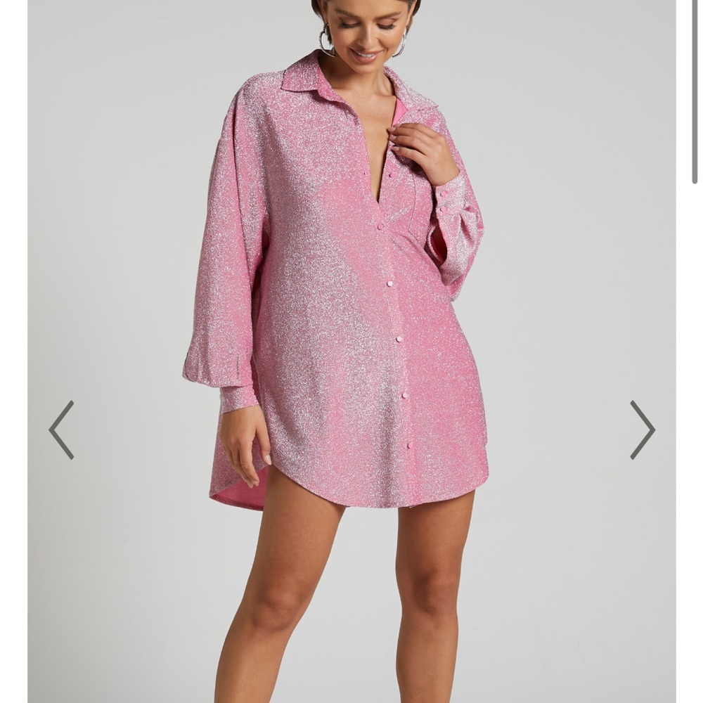 RURI MINI DRESS - SPARKLY OVERSIZED SHIRT DRESS IN PINK